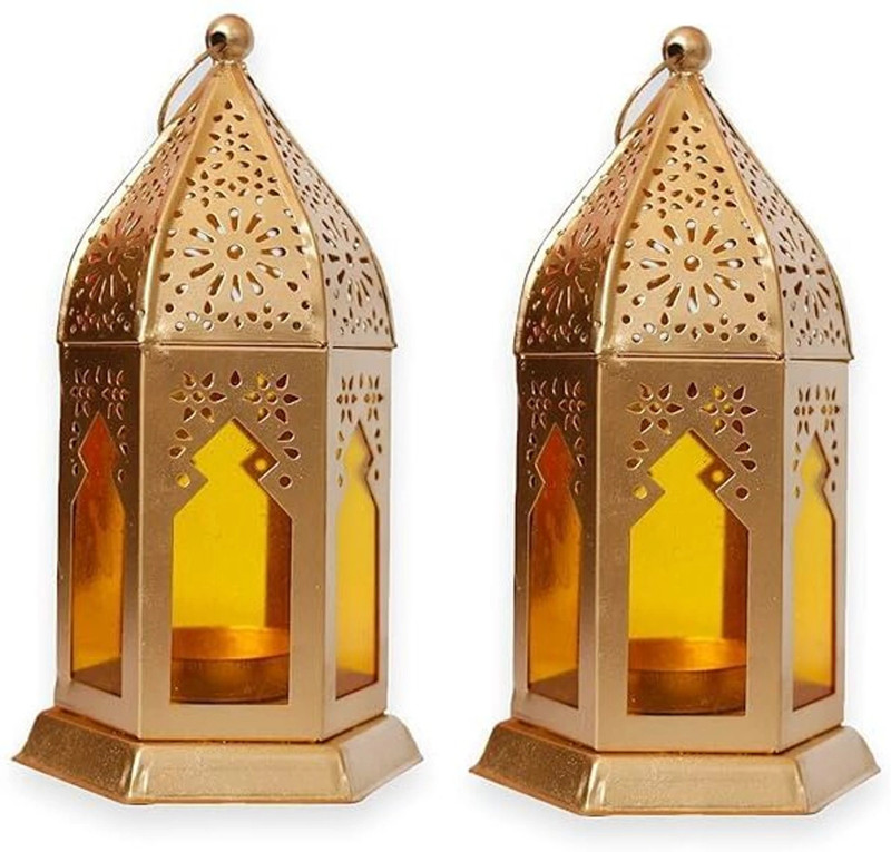 ARRU HANDICRAFT Hanging T-Light Gold, Yellow Iron, Glass Hanging Lantern(17 cm X 8.5 cm, Pack of 2)