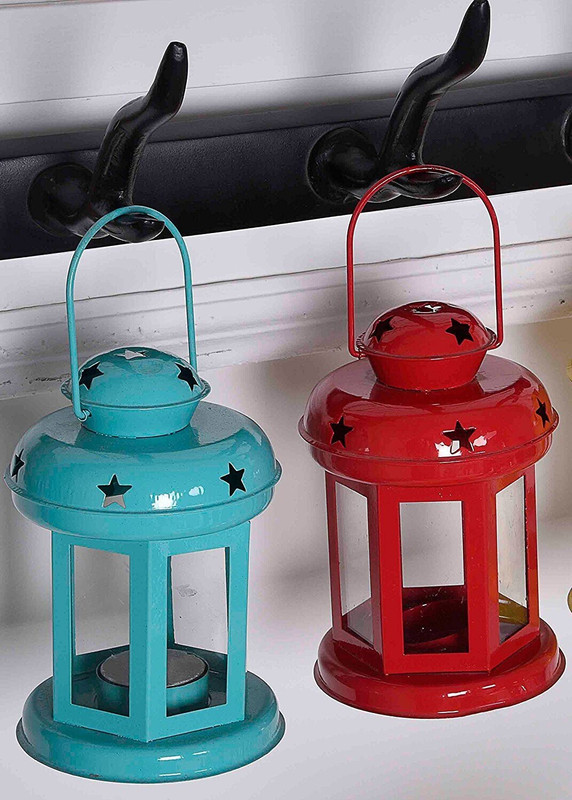 Metalmastery White, Blue Iron Hanging Lantern(15 cm X 10 cm, Pack of 2)