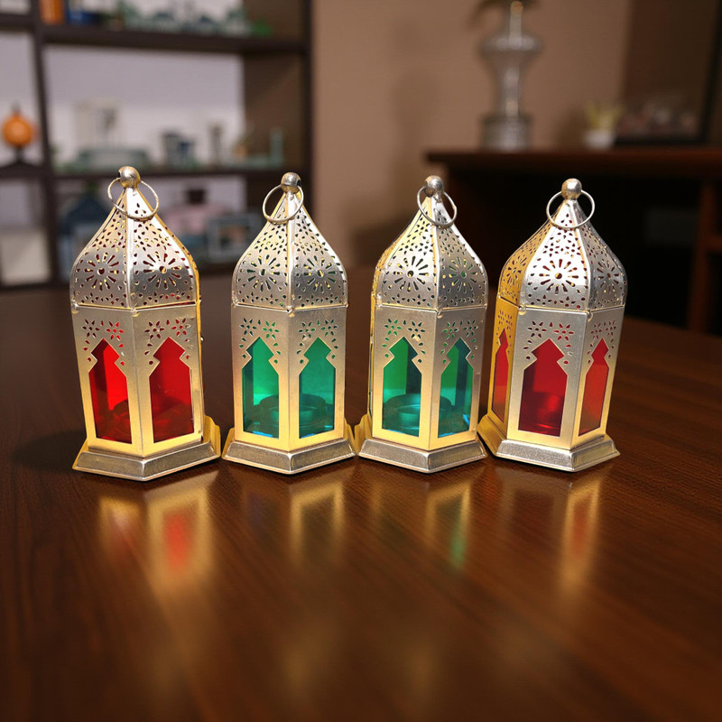 MoroccanLantern Moroccan lantern candle holder for Diwali decorative ,T-Light Candle Holder Gold, Multicolor Metal Table Lantern(17.5 cm X 9 cm, Pack of 4)