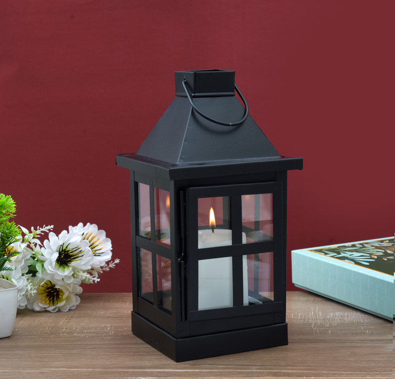 HOUZZPLUS Decorative Iron Lantern , Candle Stand For Home & Decor , T-light Stand Small Black Iron Table Lantern(25 cm X 10 cm, Pack of 1)