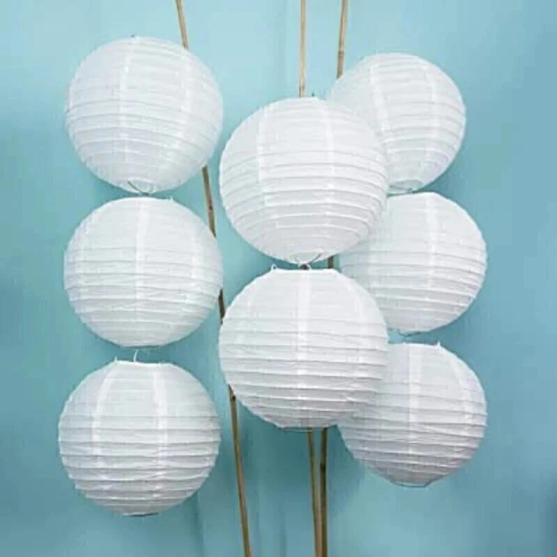 Kala Decorators Round Hanging Ball Paper Hanging Lantern Paper Lamp | Balcony Decoration Items White Paper Hanging Lantern(25 cm X 25 cm, Pack of 8)