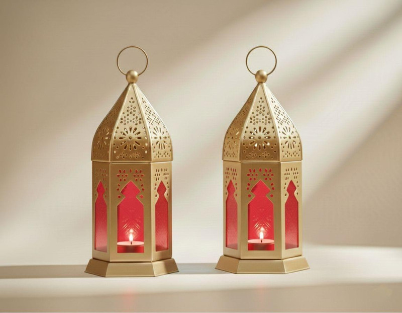 ROTTEN LEAF Moroccan Lantern Red-Colored Glass Hanging Tealight Holder (2 Pieces of Red) Gold, Red Iron, Glass Hanging Lantern(17 cm X 9 cm, Pack of 2)