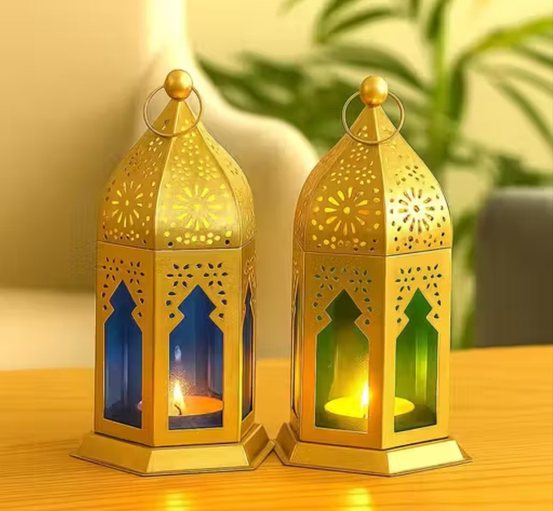 EVER SEASON DESIGNS Gold Iron Table Lantern(16 cm X 8 cm, Pack of 2)