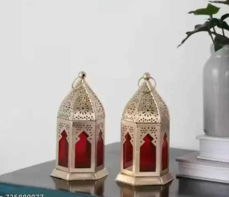 M K DECOR candle 01 Gold Metal Hanging Lantern(15 cm X 8 cm, Pack of 2)
