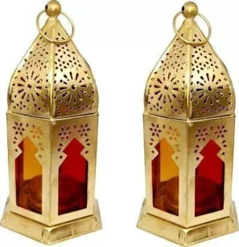 JNCRAFTS Birthday Gifts Metal Hanging Lantern/Lamp/Tealight Candle Holder Red, Blue Gold, Red Metal, Iron Hanging Lantern(15 cm X 10 cm, Pack of 2)