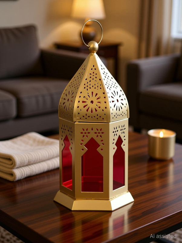 IndusSmith Moroccan hurricane lantern Gold, Red Iron Hanging Lantern(18 cm X 10 cm, Pack of 1)