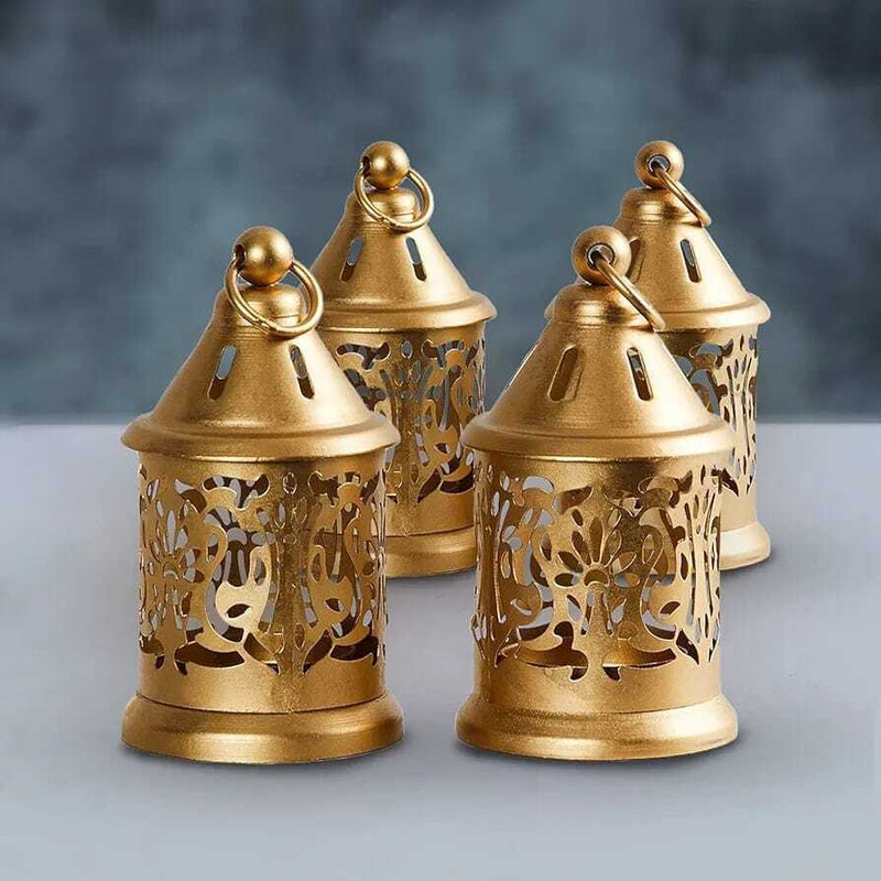 Azora Industries Exquisite Gold Moroccan Iron Hanging Lantern for Elegant Home Décoration Gold Cast Iron Hanging Lantern(12 cm X 6 cm, Pack of 4)
