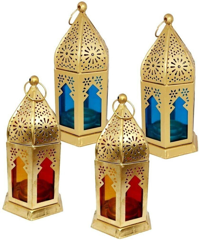 IMRAB CREATIONS Decorative Metal Hanging Lantern/Lamp/Tealight Candle Holder Gold Metal Hanging Lantern(17 cm X 9 cm, Pack of 4)