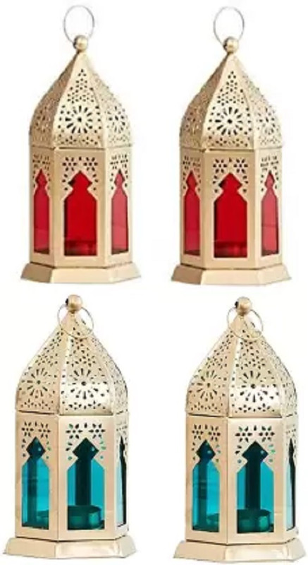noble foods Metal Decorative Golden Lantern Candle Holder, Set of 4, Tealight Lantern Multicolor Metal Hanging Lantern(17 cm X 9 cm, Pack of 4)