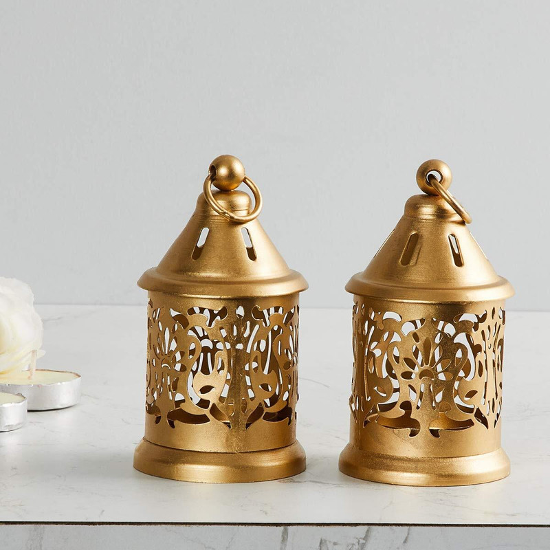 Sunrise Corp Metal Lantern/Hanging Tealight Holder Gold Metal Hanging Lantern(10.5 cm X 6.5 cm, Pack of 2)