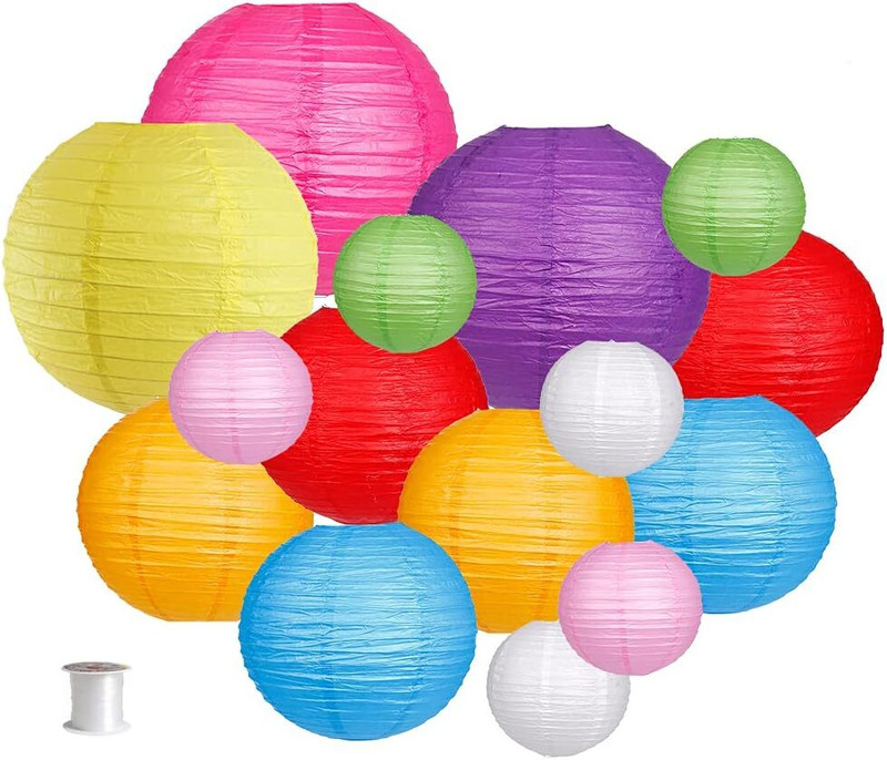 Orama Paper Hanging Lantern Rice Paper Ball Lamp Decoration for Party OP211 Multicolor Paper Hanging Lantern(25 cm X 25 cm, Pack of 15)
