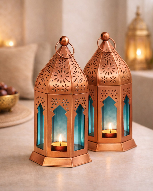 Glowhere Vintage Moroccan Lantern Candle Holders for Ramadan & Festive Decor Set of 2 Multicolor Iron Hanging Lantern(15.7 cm X 7.6 cm, Pack of 2)