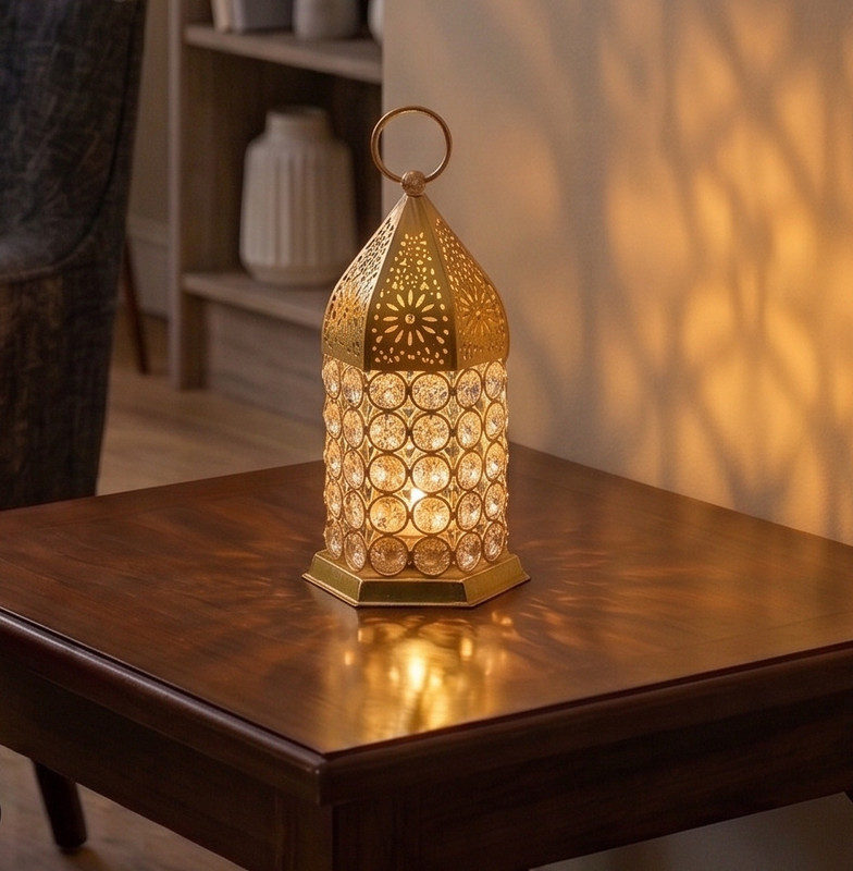 R Style D 103 Gold Iron, Crystal Table Lantern(17 cm X 8 cm, Pack of 1)