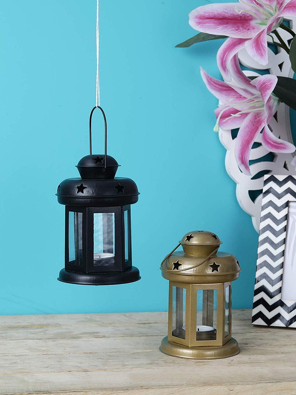 Metalmastery Black, Gold Iron Hanging Lantern(15 cm X 10 cm, Pack of 2)