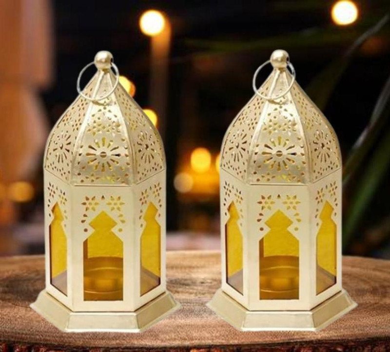 DECORATE DREAMS Yellow Iron Hanging Lantern(17 cm X 10 cm, Pack of 2)