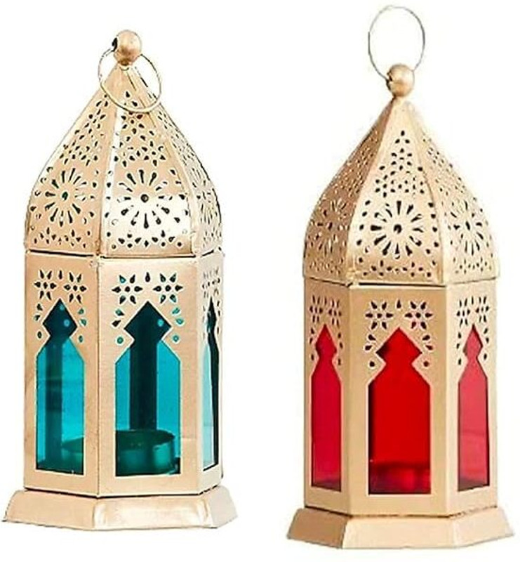 U S CREATION DECOR Red, Green Iron Table Lantern(7 cm X 4 cm, Pack of 2)