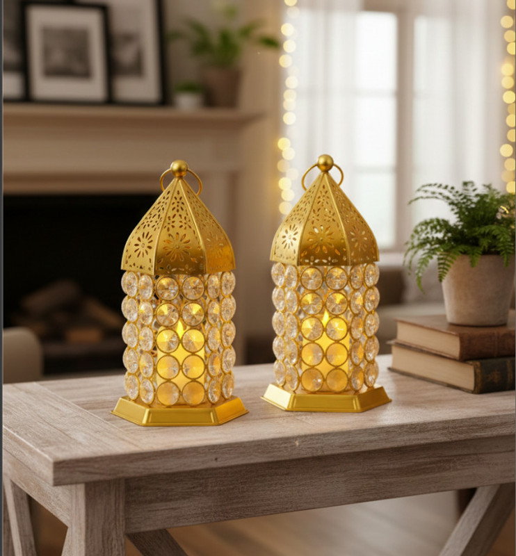 ARRU HANDICRAFT Crystal Lantern Set of 2 Gold Iron Hanging Lantern(18 cm X 10 cm, Pack of 2)