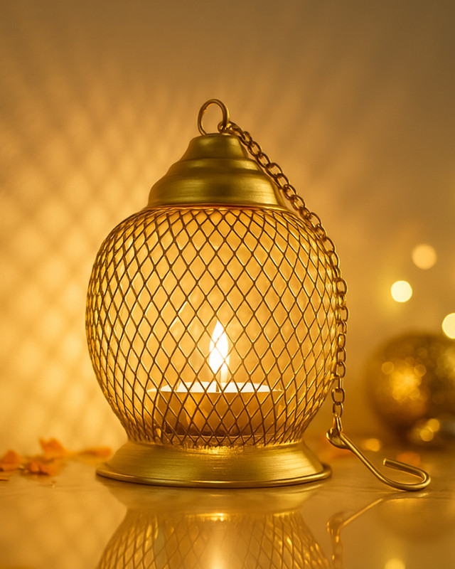 Homesake Golden Metal Wire Mesh Candle Holder, Decorative Tabletop Stand for Home, Diwali Gold Metal Hanging Lantern(31.7 cm X 8.8 cm, Pack of 2)