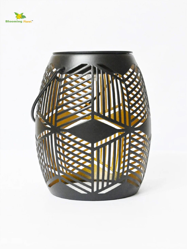 blooming floret Premium Solar Lantern | 21 cm Black Metal Table Lantern(15 cm X 9 cm, Pack of 1)