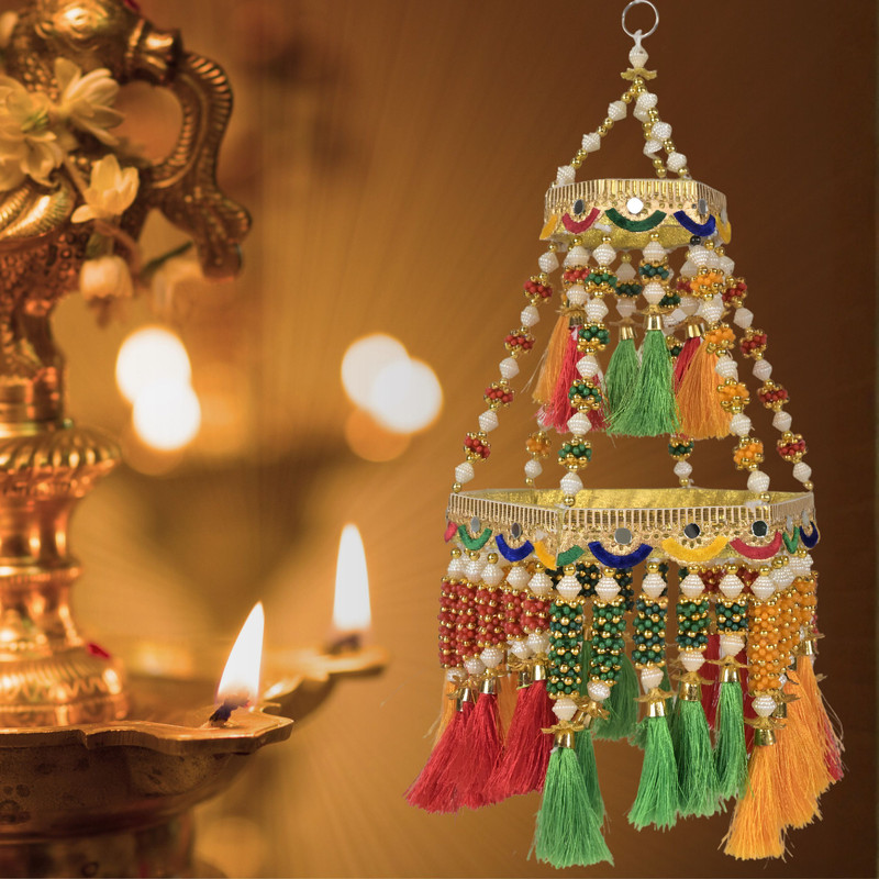 SHOPPIX WORLD Handmade Rajasthani Jhumar For Living Room|Home Decor|Traditionally Designed Multicolor Cotton, Plastic Hanging Lantern(30 cm X 25 cm, Pack of 1)