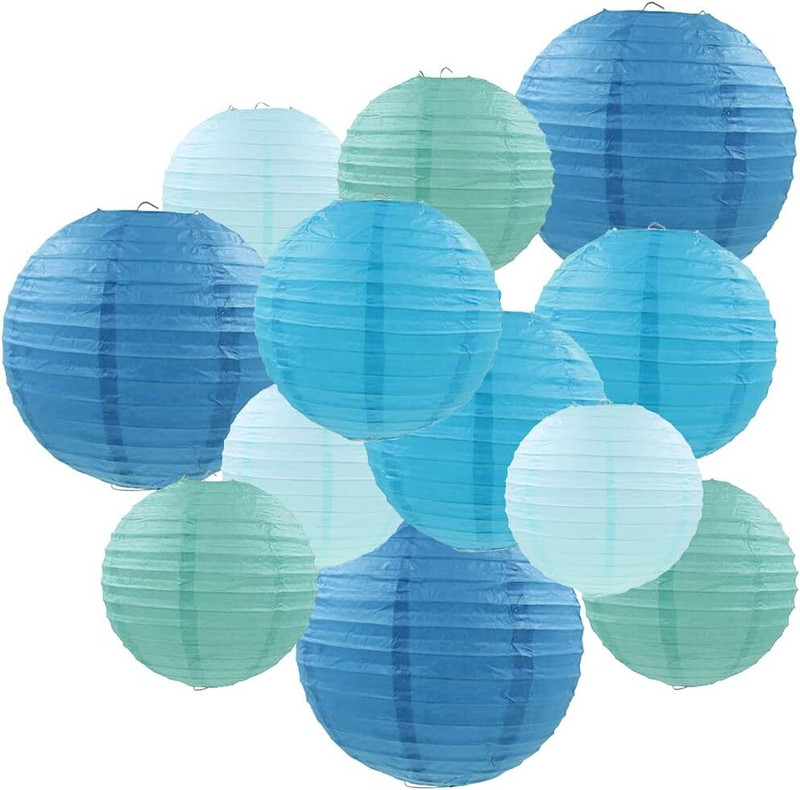 Orama Paper Lanterns Chinese Round Paper Hanging Decorations OP103 White, Blue Paper Hanging Lantern(25 cm X 25 cm, Pack of 15)