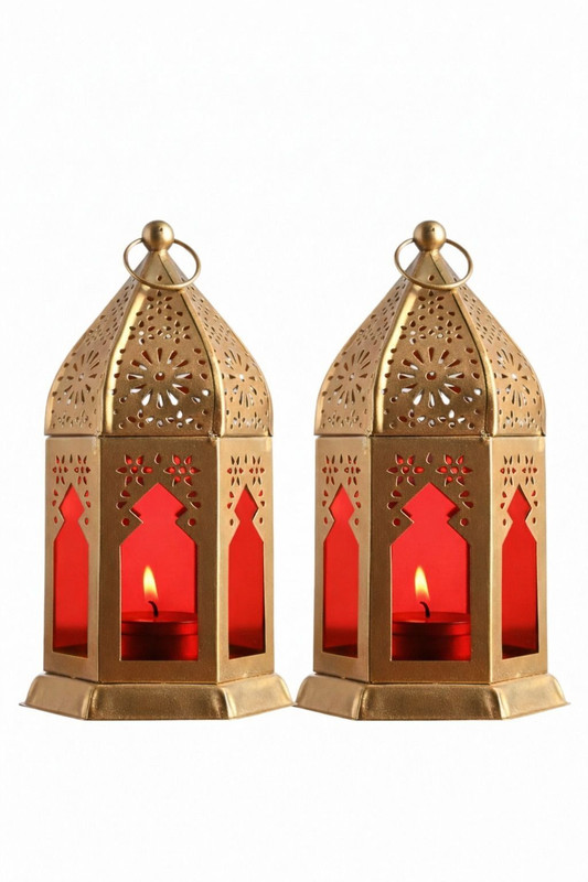 A&S Dekor Crafts Decorative Moroccan iron hanging Lantern Gold, Red Iron Hanging Lantern(9 cm X 17 cm, Pack of 2)