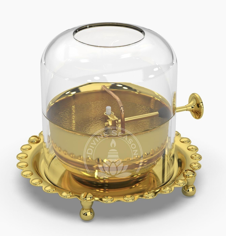 pujasamagrighar Pure Brass Akhand Jyot Oil Diya with Borosilicate Glass (Small) 7cm H-8cm L Gold Brass Table Lantern(5 cm X 4 cm, Pack of 1)