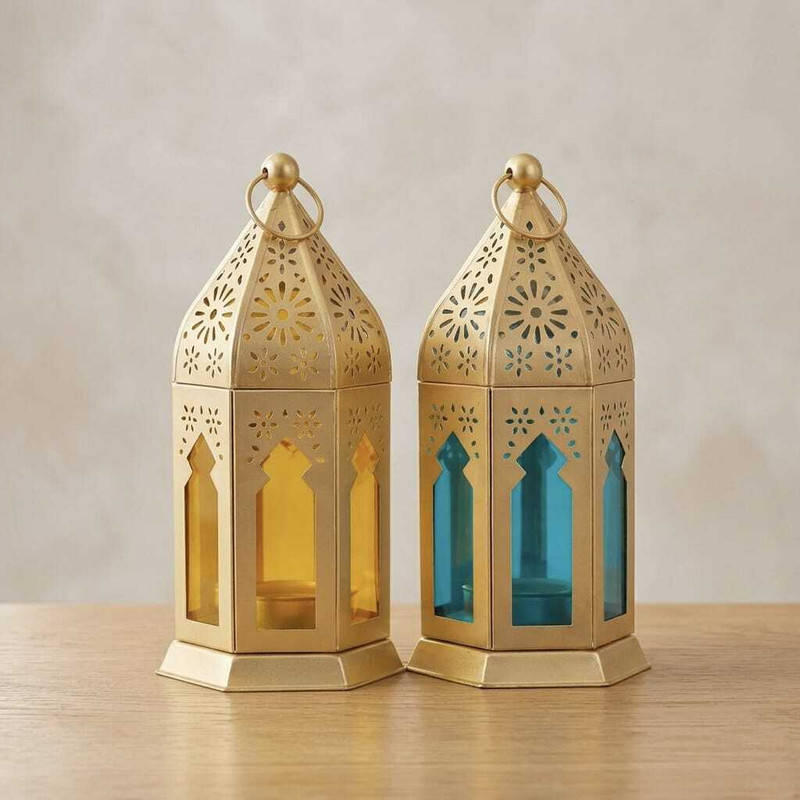 heena creations hub Stylish Morrocan Gold, Blue Iron, Glass Hanging Lantern(17 cm X 8 cm, Pack of 2)