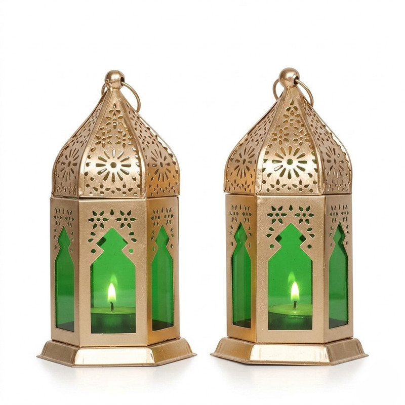 THENEXTLIVING Moroccan Decorative Metal Lantern Lamp with Green Glass Candle Holder Green Metal Table Lantern(20 cm X 10 cm, Pack of 2)