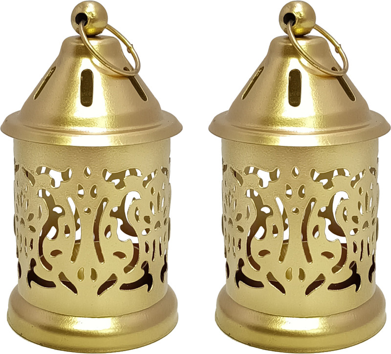 Extreme Karigari Decorative Mini Lantern for Home and Festival Decoration Gold Iron Table Lantern(12 cm X 6 cm, Pack of 2)