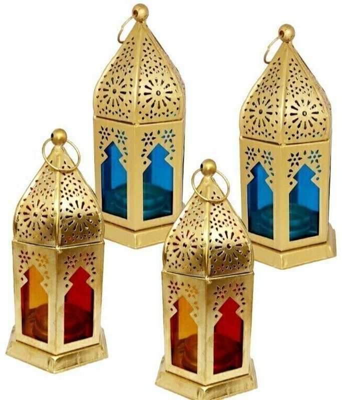 Sm impex Ramadan decoration Lantern Candle Holder for Table Decor, Living Room office Gold Iron Hanging Lantern(15 cm X 10 cm, Pack of 4)
