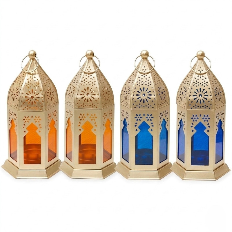 DDESIGN COLLECTION Antique Gold Finish Hexagonal Glass Lantern Set Gold Metal Table Lantern(20 cm X 10 cm, Pack of 4)