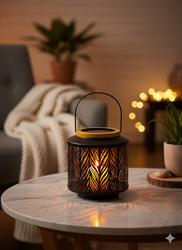 ZORO Golden Rim Metal Hanging Lantern with Handle Black, Gold Metal Table Lantern(21 cm X 20 cm, Pack of 1)