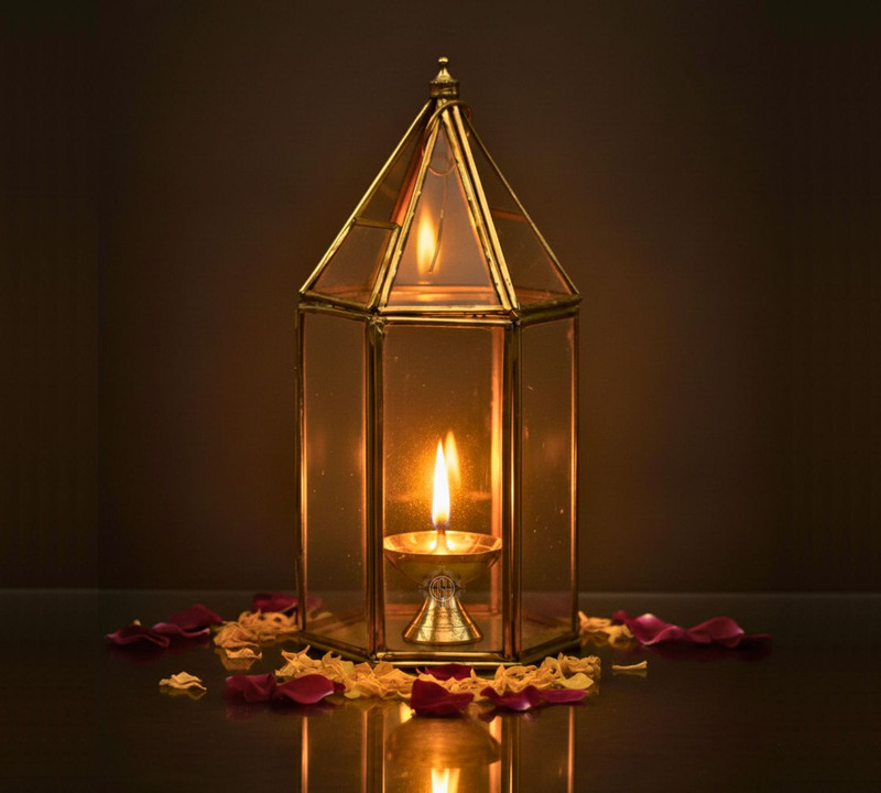 Dsh Glass Lantern With Brass Diya , Decorative Akhand Deepak Oil Lantern for Pooja Gold Brass Hanging Lantern(18 cm X 7 cm, Pack of 1)