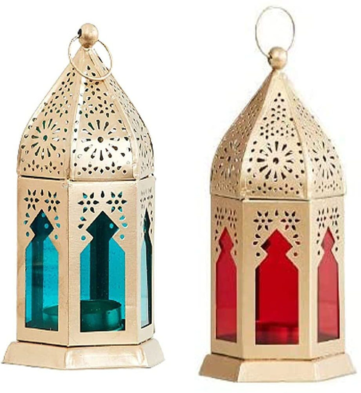 SK Crafts Yellow, Blue Glass, Iron Table Lantern(24 cm X 8 cm, Pack of 2)