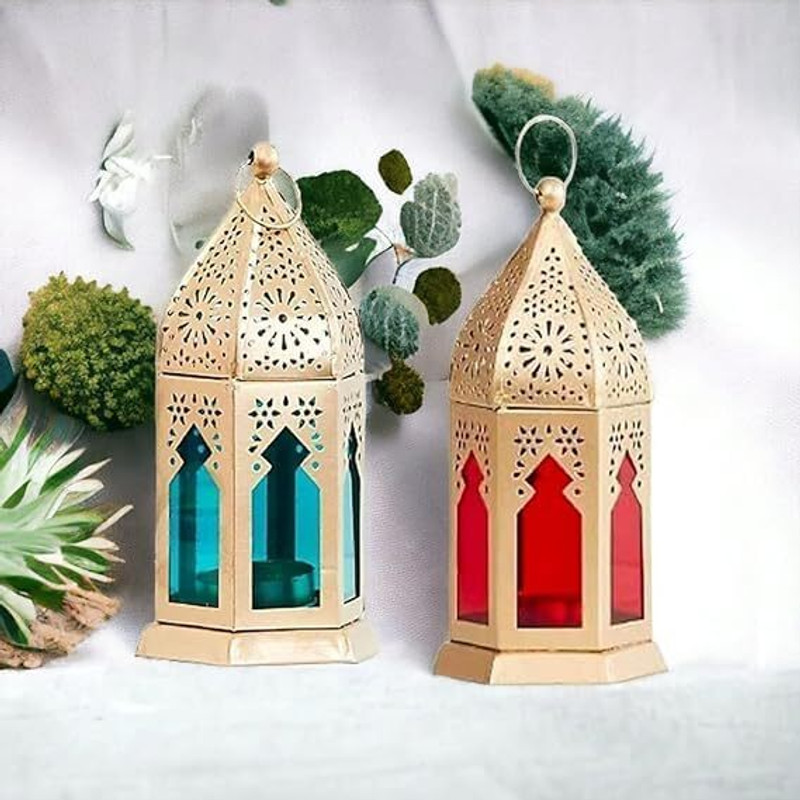 AFCRAFTS Blue, Red Metal Hanging Lantern(15 cm X 10 cm, Pack of 2)