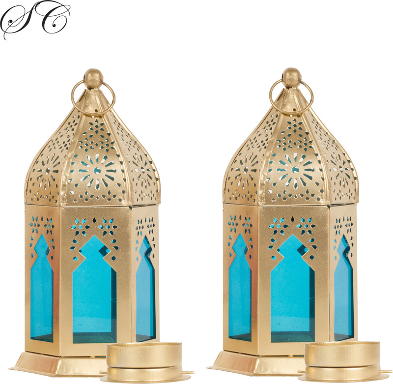 SunriseCorpArts Hanging Lantern, Tealight,Candle Holder Gold, Blue Iron Hanging Lantern(16 cm X 9.5 cm, Pack of 2)