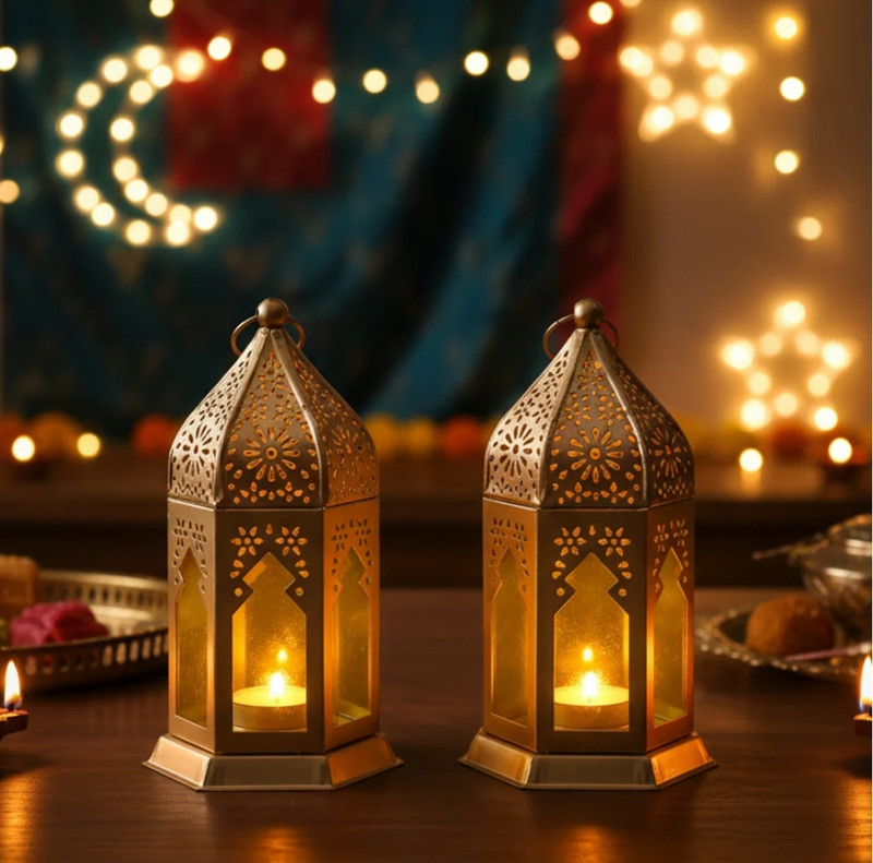 JDExport Decorative Metal Lantern Gold Finish For Home Decor Diwali & Eid Decoration Gold, Yellow Iron, Glass Hanging Lantern(16.5 cm X 8 cm, Pack of 2)