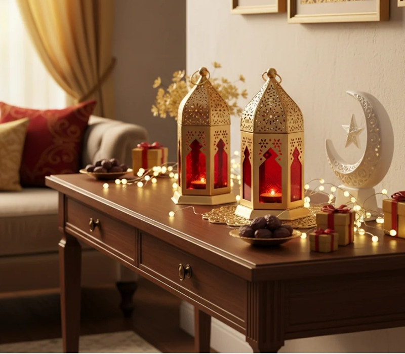 SAQIB HANDICRAFT Elegant Gold Metal Decorative Lantern Candle Holder Set of 2 for Home Decor Red Iron Table Lantern(18 cm X 18 cm, Pack of 2)