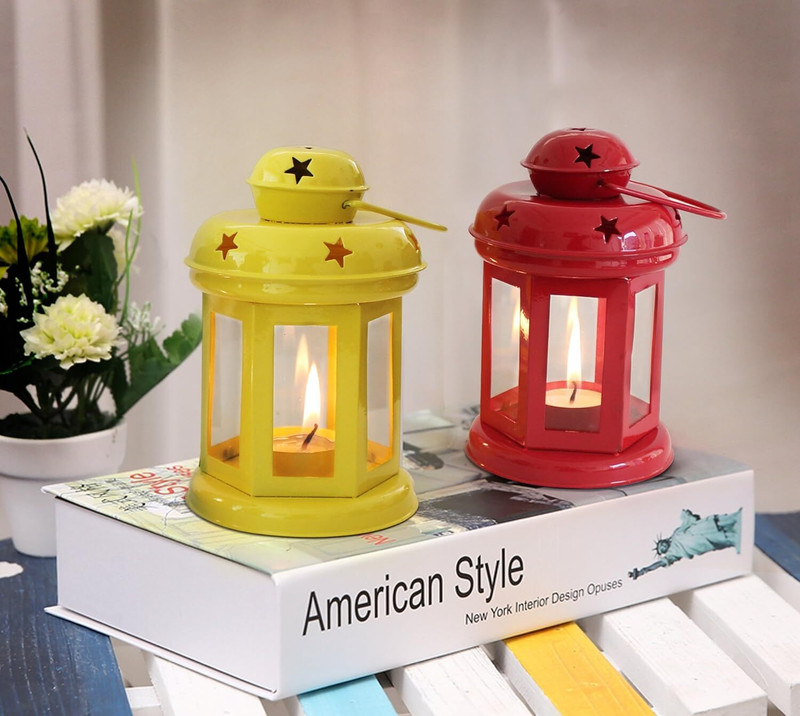 AuraDecor Home Decor Fancy Tealight Multi Lantern Pack of 2 (Red & Yellow) Red, Yellow Iron Hanging Lantern(14 cm X 10 cm, Pack of 2)