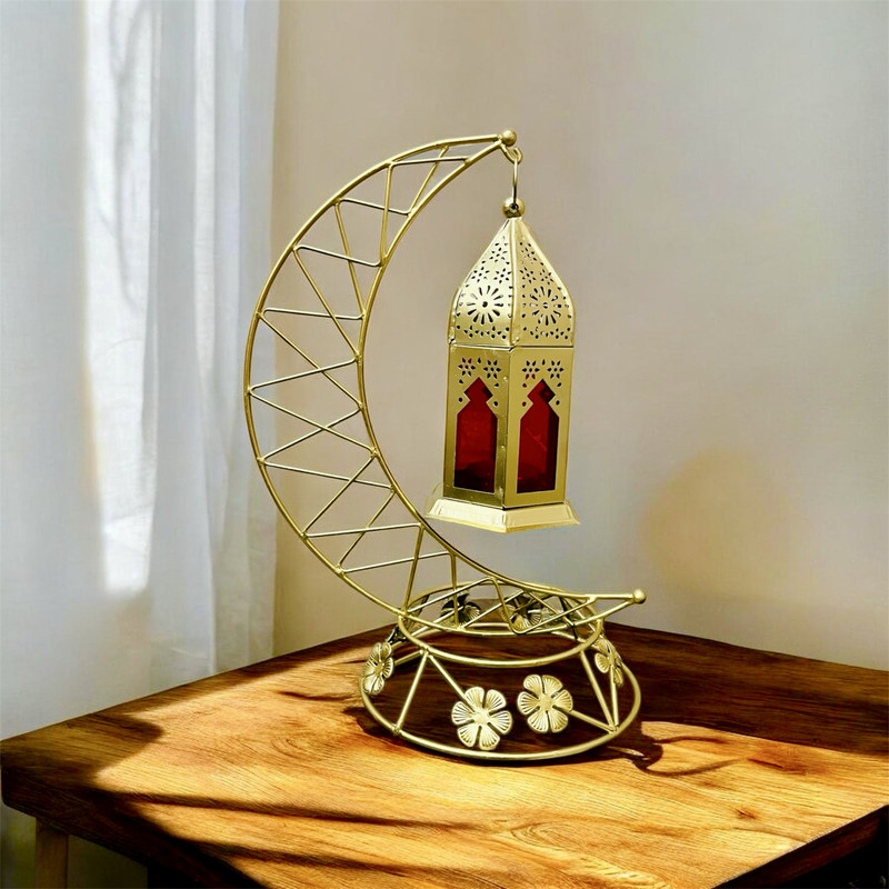 DECORLIGHTS Ramadan /Eid Decorative Lantern Gold Iron Table Lantern(33 cm X 17 cm, Pack of 1)