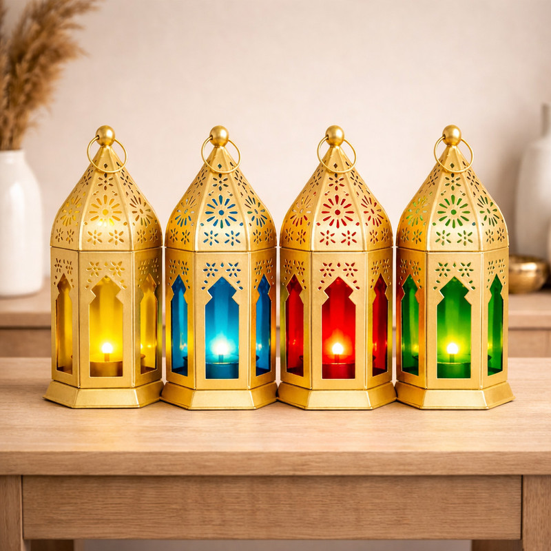 alwaris enterprises Moroccan Gold Lantern Set of 4 for Ramadan & Festive Decor Gold Metal Hanging Lantern(18 cm X 10 cm, Pack of 4)