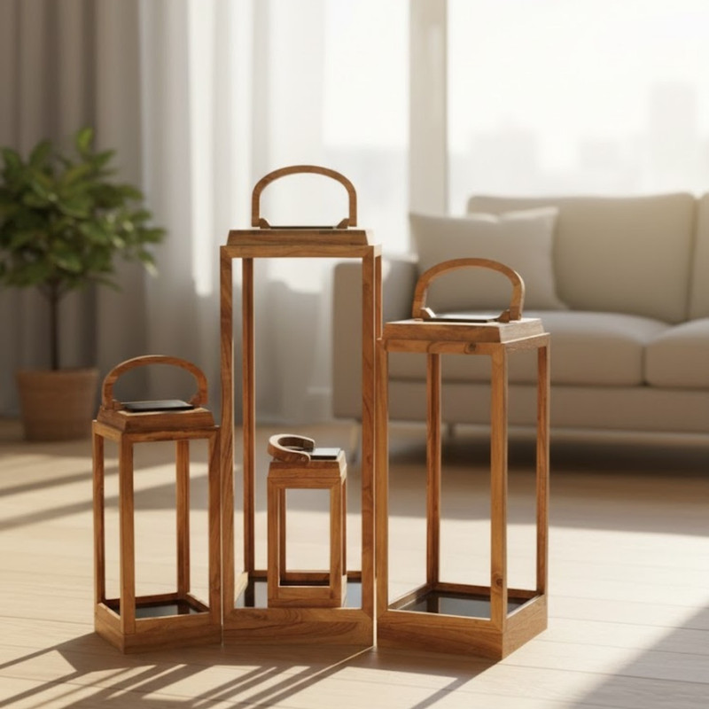 Outset Set of 4 Solar Lanterns – Timeless Wooden Charm Brown Wooden Table Lantern(87.63 cm X 31.75 cm, Pack of 4)