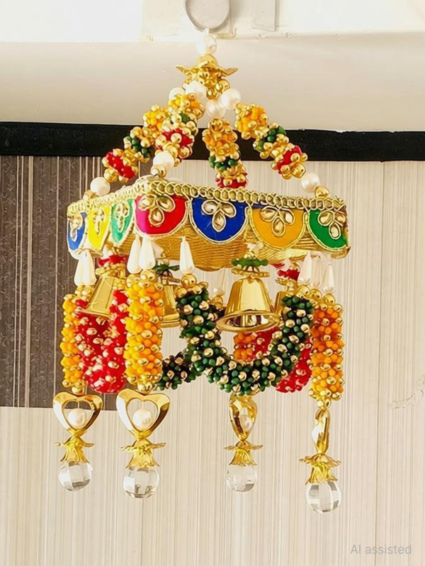 SHOPPIX WORLD Rajasthani Multicolor Beaded Jhumar/Zummar for Ceiling| Main Door | Mandir Decor Multicolor Cotton, Plastic Hanging Lantern(30 cm X 25 cm, Pack of 1)
