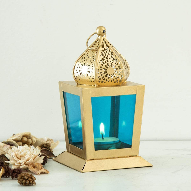 SunriseCorpArts Metal Square Moksha Lantern I Lamp Tea Light Holder for Home Decoration Gold, Red Iron, Glass Hanging Lantern(16 cm X 8.5 cm, Pack of 1)