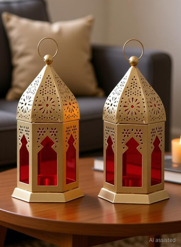 KRAFT DECOR POINT Ramadan decoration Lantern Candle Holder for Table Decor Living Room office Gold Gold, Red Metal Table Lantern(6 cm X 3 cm, Pack of 2)