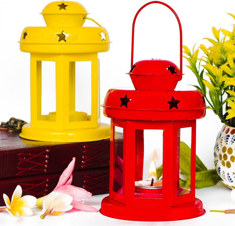 iHandikart Hanging Lantern Decorative Tea Light Holder From iHandikart Handicrafts Home Decor Yellow And Red color Iron Lamp With Candle Tealights & Fastiv Decor 10x10x14 cm (IHK22007) Set of 2 Multicolor Iron Hanging Lantern(11 cm X 10 cm, Pack of 2)