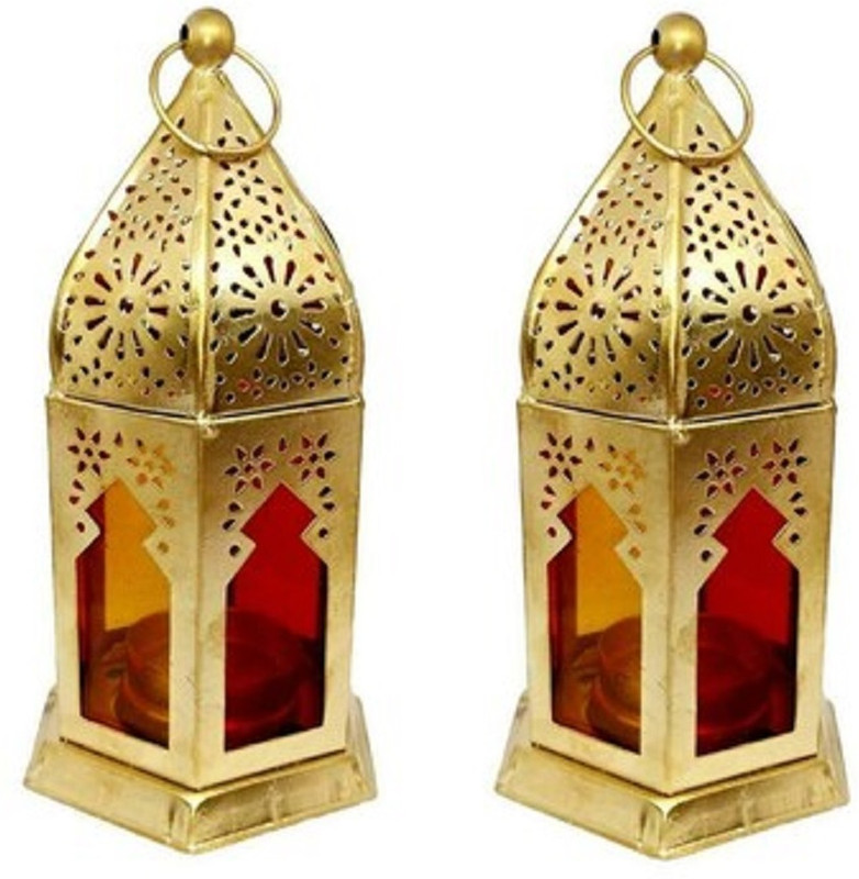 ARF HANDICRAFTS Elegant Golden Decorative Lantern Set with Intricate Cutwork Design Red Iron Hanging Lantern(15.24 cm X 8.89 cm, Pack of 2)
