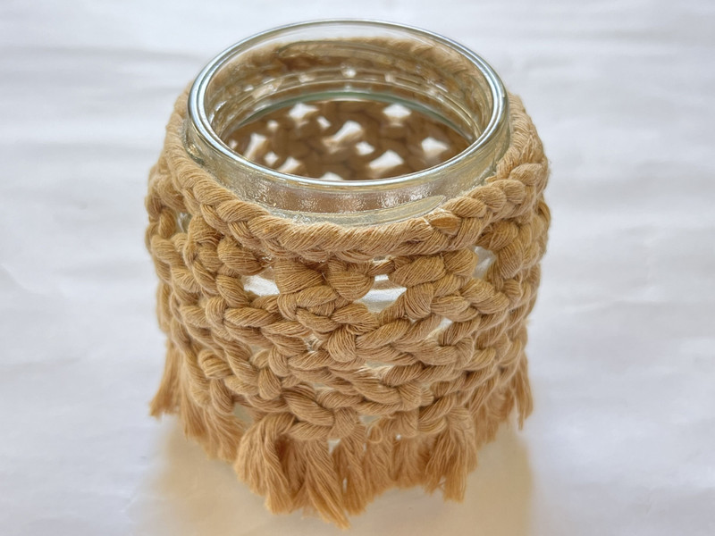 Myrah Creations macrame glass jar Beige Glass, Cotton Table Lantern(8 cm X 6 cm, Pack of 1)
