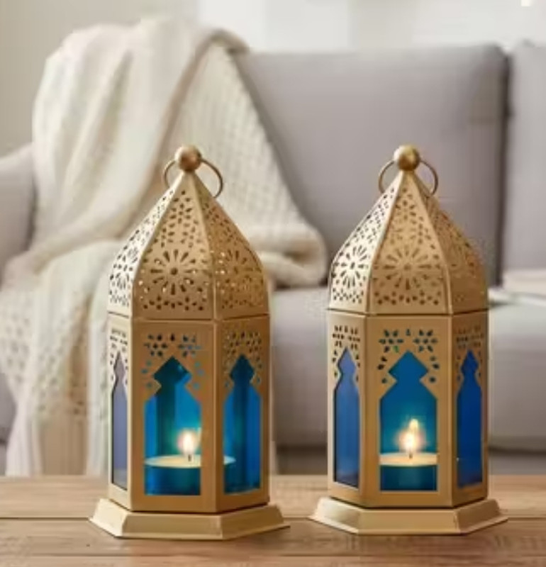 EVER SEASON DESIGNS Premium Iron Garden Lantern for Diwali Decoration Gold Metal, Glass Table Lantern(10 cm X 9 cm, Pack of 2)